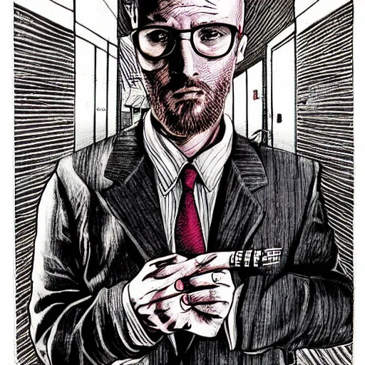 Image similar to The Artwork of R. Crumb and his Cheap Suit Breaking-Bad-Jesse-Pinkman, pencil and colored marker artwork, trailer-trash lifestyle