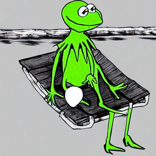 Image similar to Kermit the frog as an anime character, in the style of TV anime afro samurai, sitting near a river, Key Frame, Top rated of pixiv, High Detail, Medium Shot, Studio Bones, Dusk