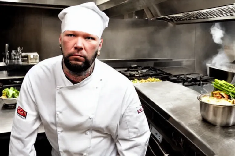 Prompt: fred durst from limp bizkit with a chef uniform on in a kitchen