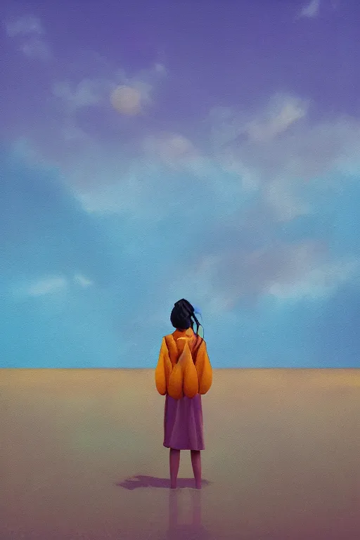 Image similar to closeup giant dahlia flower head, girl standing on beach, surreal photography, blue sky, sunrise, dramatic light, impressionist painting, digital painting, artstation, simon stalenhag