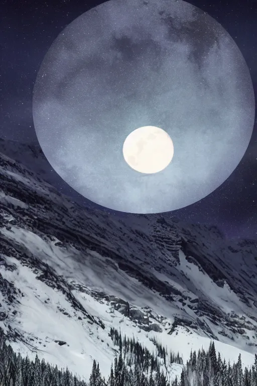 Image similar to digital matte fantasy dreamy mountain scape dark tones snow, crescent moon, wolf, 8 k by alex grey