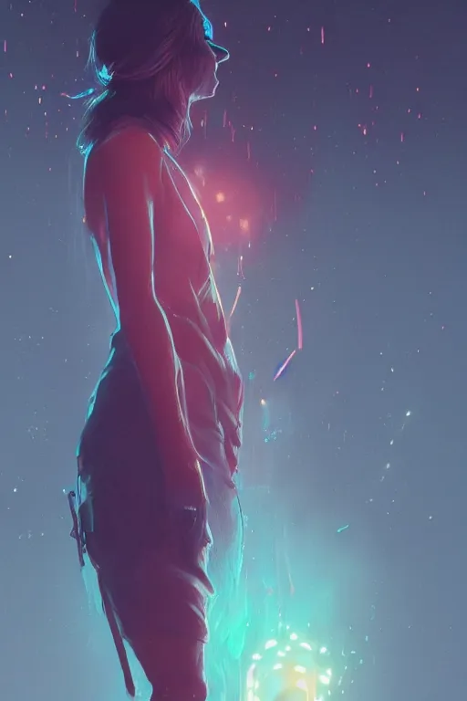 Prompt: A women with glowing colours around her by Greg Rutkowski, beeple, Sung Choi, Mitchell Mohrhauser, Maciej Kuciara, Johnson Ting, Maxim Verehin, Peter Konig, final fantasy, macro lens, 35mm, 8k photorealistic, cinematic lighting, HD, high details, dramatic, dark atmosphere, trending on artstation