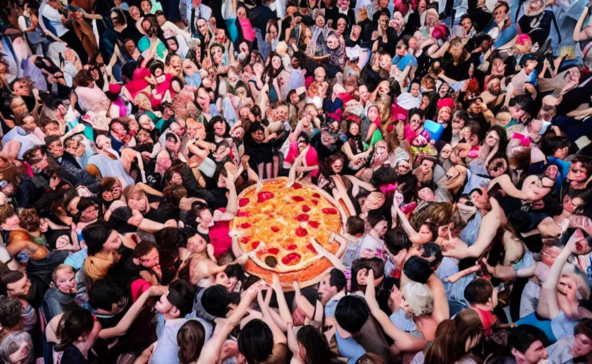 Prompt: a crowd of people dancing in a party around a giant pizza,