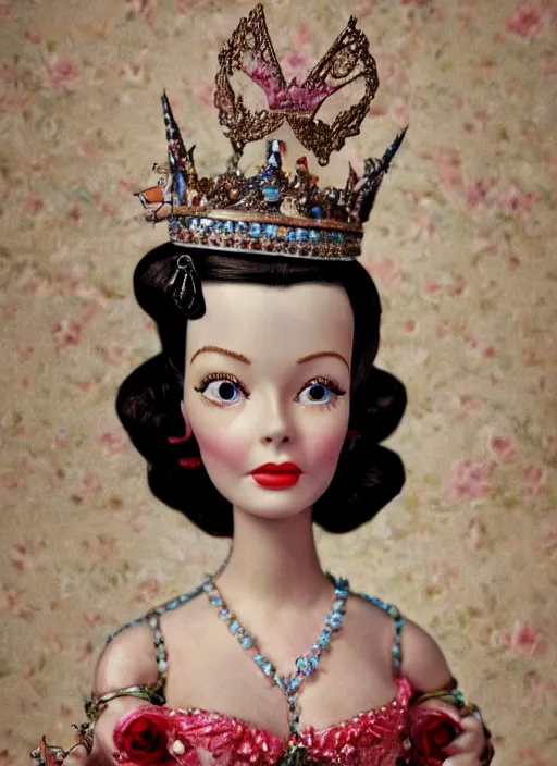 Image similar to closeup face profile portrait of tin toy vivien leigh as a fairytale princess wearing a crown eating cakes, bikini, depth of field, zeiss lens, detailed, symmetrical, centered, fashion photoshoot, by nicoletta ceccoli, mark ryden, lostfish, breathtaking, 8 k resolution, extremely detailed, beautiful, establishing shot, artistic, hyperrealistic, octane render