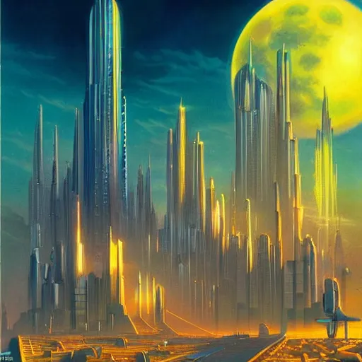 Prompt: moonlight over futuristic city of light synthwave bright neon colors highly details cinematic vladimir kush, philippe dru, roger deal, michael whelan,