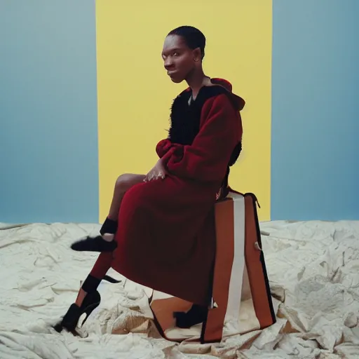 Image similar to realistic photoshooting for a new balenciaga lookbook, color film photography, portrait of a beautiful woman, by photo in style of Tyler Mitchell, wes anderson, Julia Hetta, Tim Walker, Petra Collins, 35mm,