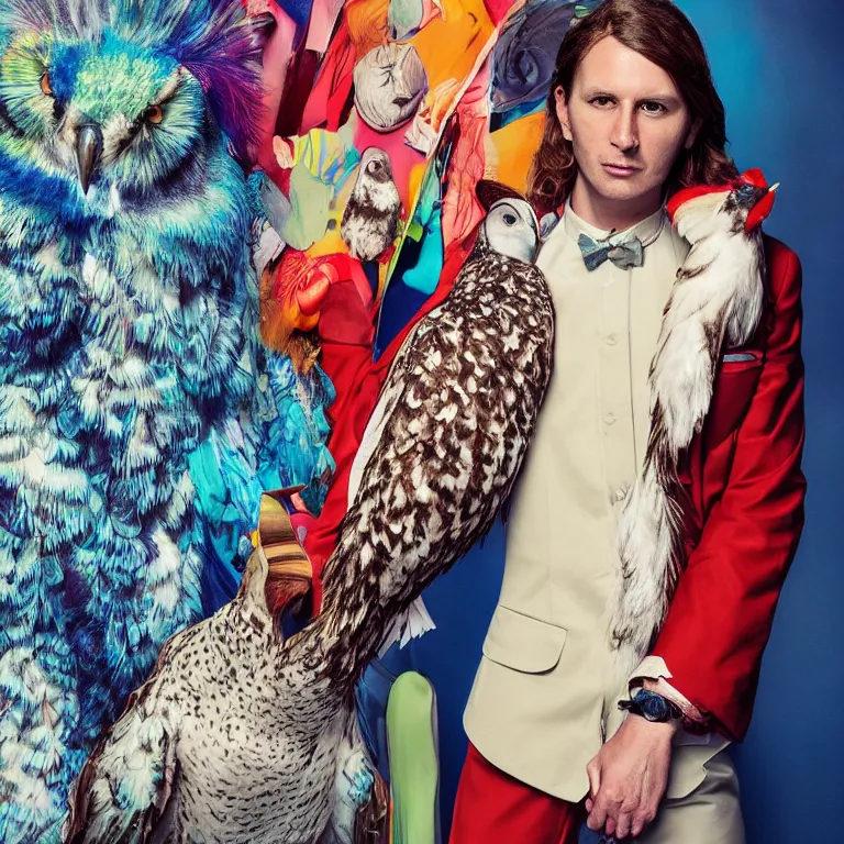 Image similar to high fashion photoshoot octane render portrait by wayne barlow and carlo crivelli and glenn fabry, an actor wearing a colorful wes anderson designed uniform and holding a snow owl inside a high - end exotic colorful pastel vintage boutique hotel lounge, very short depth of field, bokeh