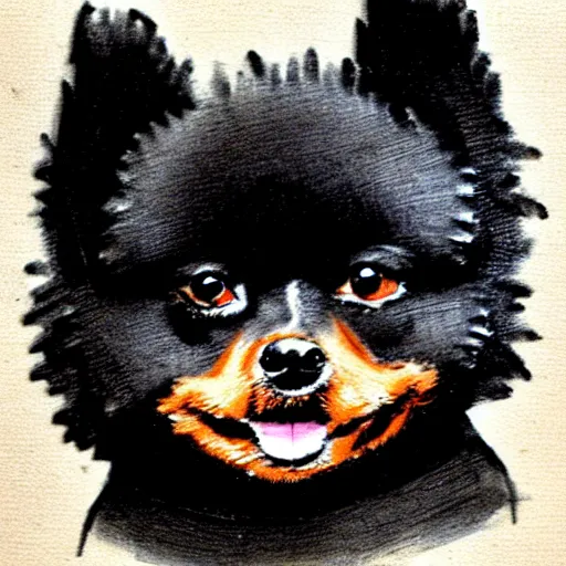 Image similar to a cute black robot pomeranian!!!. ( ( ( alcohol ink on parchment, muted colors, shading!!!, detailed, textured parchment background, 1 9 5 0 s concept art ) ) )