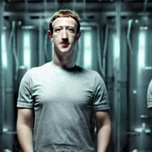 Image similar to mark zuckerberg sitting in front of his clones growing inside a vat of protein fluid. They are inside the cloning med bay of an alien ship. From the movie Alien IV directed by David Fincher.