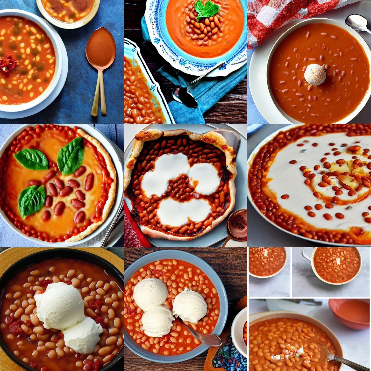 Prompt: baked bean ice cream pizza soup