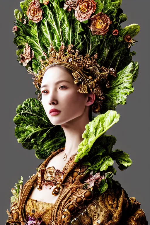 Image similar to a beautiful empress portrait, with a brilliant, impossible striking big salad headpiece, clothes entirely made out of salad, everything salad, symmetrical, dramatic studio lighting, rococo, baroque, greens, asian, hyperrealism, closeup, D&D, fantasy, intricate, elegant, highly detailed, digital painting, artstation, octane render, 8k, concept art, matte, sharp focus, illustration, art by Artgerm and Greg Rutkowski and Alphonse Mucha