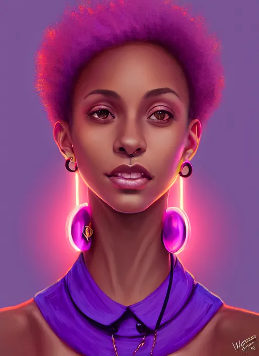 Prompt: portrait of vanessa morgan, black teenage girl, pink curly pixie cut hair, purple cap, hoop earrings, subtle confident smile, intricate, elegant, glowing lights, highly detailed, digital painting, artstation, concept art, sharp focus, illustration, art by wlop, mars ravelo and greg rutkowski