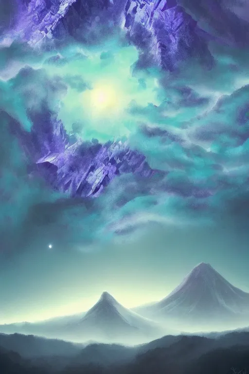 Prompt: digital matte fantasy dreamy mountain scape pastels snow milky way futuristic moonlight, artstation, behance, 8 k by alex grey