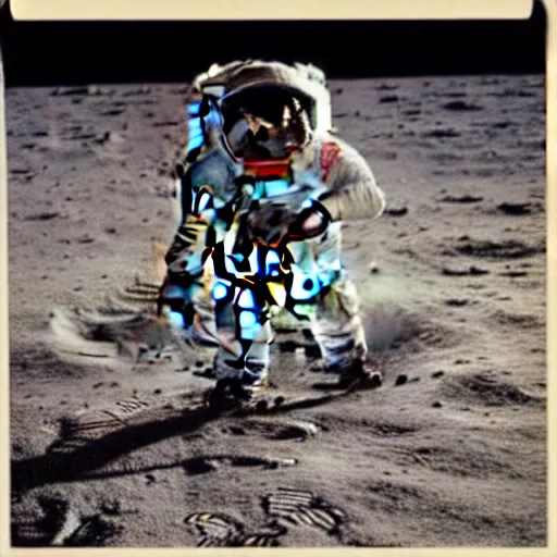 Image similar to a vintage Polaroid of Albert Einstein landing on the moon, visor up