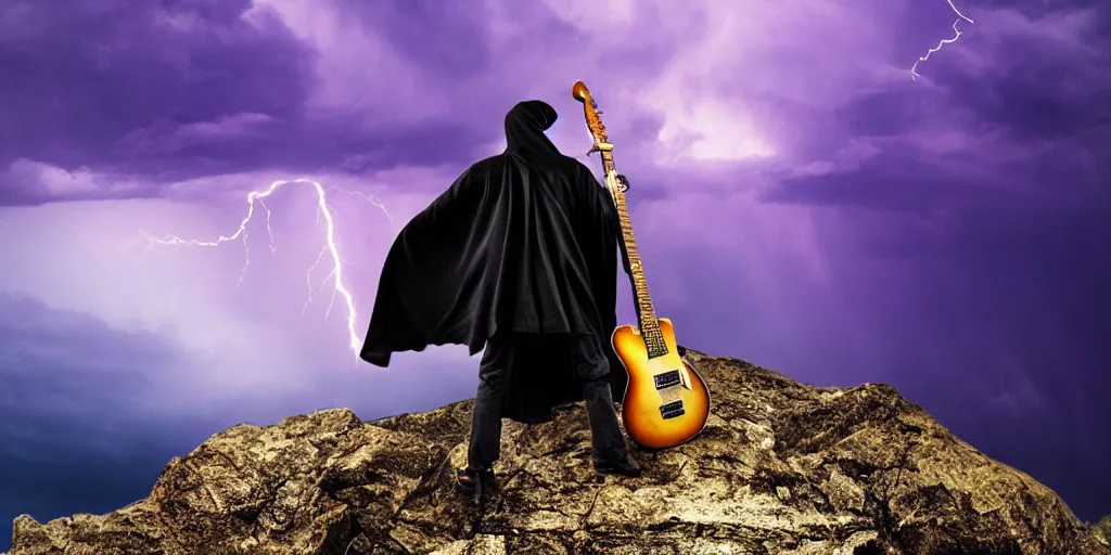 Image similar to the grim reaper standing on a rocky mountain shredding a guitar in a thunderstorm on a purple sky, widescreen