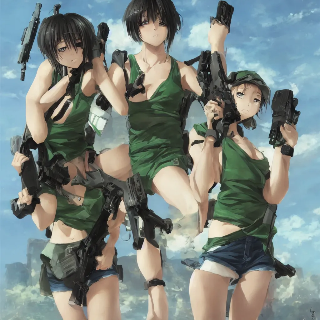 Prompt: a beautiful anime girl with an athletic feminine body in a green tank top and black shorts holding an m4 assault rifle in her right hand, aviator classic sunglasses, long hair, anatomically correct, tanned body, confident facial expression, white background, highly detailed, digital painting, artstation, concept art, illustration, style by jordan grimmer and greg rutkowski