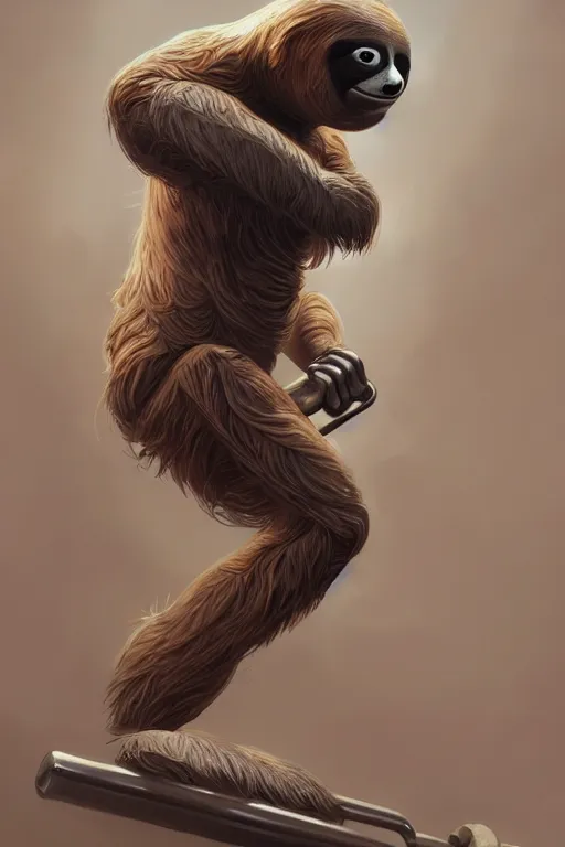 Image similar to anthro sloth lifting weights, dim dingy gym, dynamic pose, fantasy, intricate, elegant, highly detailed, digital painting, artstation, concept art, matte, sharp focus, illustration, art by artgerm and greg rutkowski and alphonse mucha