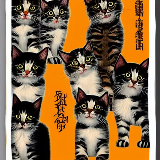 Image similar to silk screen poster of angry kittens in style of frank kozic