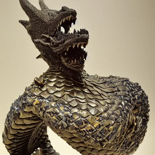Prompt: ceramic bust by jean - francois millet lavish. a computer art of a dragon in space. the dragon is in the foreground with its mouth open rows of sharp teeth. coiled & ready to strike, its tail is wrapped around a star in the background. background is full of stars & galaxies.