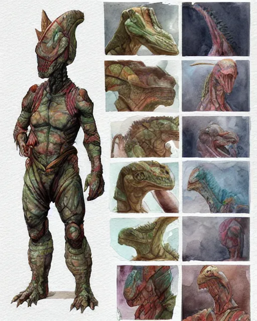 Image similar to a watercolor painting full body character portrait of a humanoid dinosaur soldier / mercenary in the style of moebius in the style of leonard boyarsky trending on artstation deviantart pinterest furaffinity detailed photorealistic highlights and shadow hd 8 k post - processing high resolution