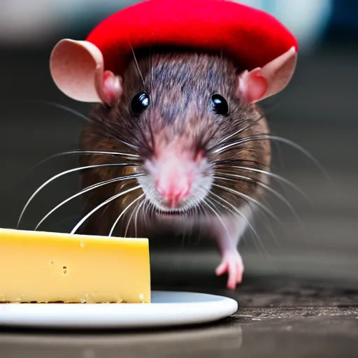 Prompt: a rat wearing a beret eating cheese. sigma 5 0 mm f / 1. 4