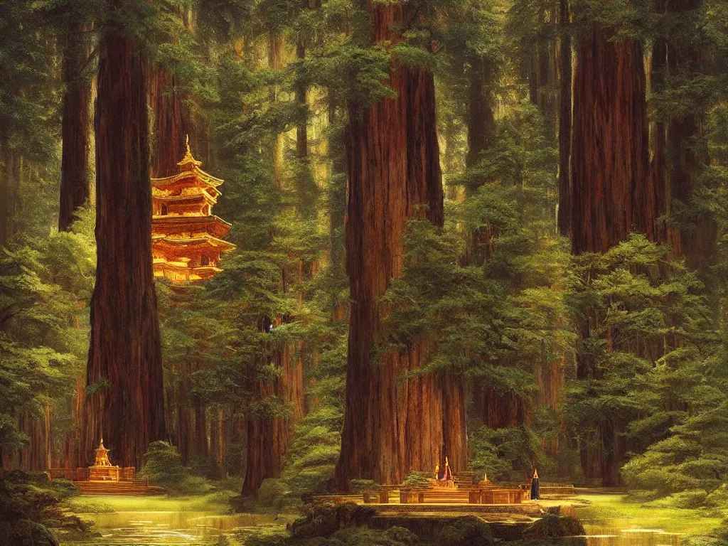 Image similar to a beautiful buddhist sanctuary in a redwood forest, art by albert bierstadt and greg rutkowski, hyperrealism, peaceful ☸ 🕉