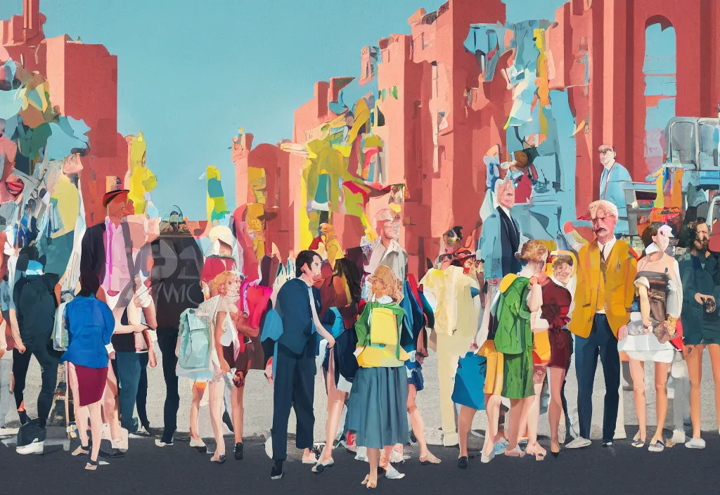 Image similar to full body portrait of a group, a row of a several european tourists getting off a tour bus, standing with a variety of poses and props, several character designs painting, sightseeing, in the style of wes anderson, lola dupre, david hockney, isolated on negative white space background dark monochrome neon spraypaint accents volumetric octane render