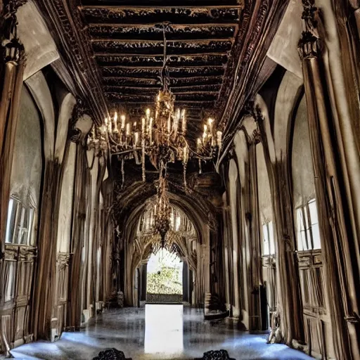 Prompt: large gothic hall with large chandeliers under the ceiling, horror movie, moonlight, elephant in the room