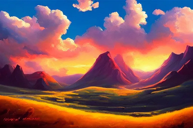 Image similar to a beautiful oil painting abstract nature landscape with clouds, mountains, in background, sunset, by rhads