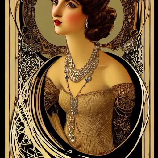 Prompt: beatifull frontal portrait of a woman, intricate, elegant, highly detailed, ornate, elegant , luxury, illustration, art nouveau style