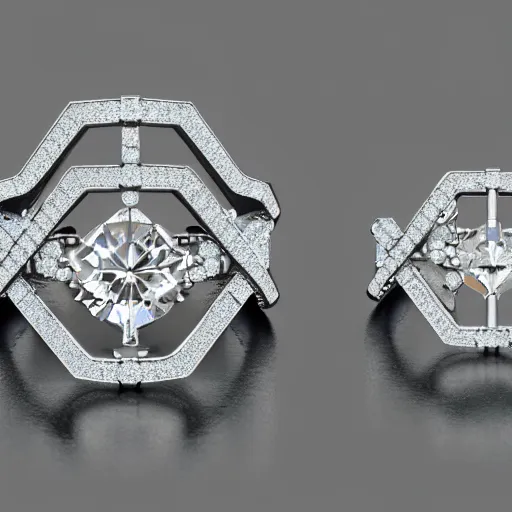 Image similar to photo of engagement ring with two diamonds outside and one in the middle, realistic, hyper detailed, concept art, victorian, multiple angles