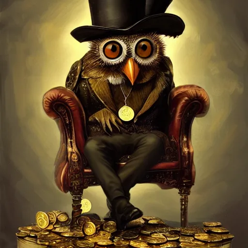 Image similar to oil painting of grumpy rich steampunk owl, sitting in fancy chair, wearing top hat, holding gold coin, steampunk factory background, machines in background, sharp focus, fantasy style, octane render, volumetric lighting, 8k high definition, by greg rutkowski, highly detailed, trending on art Station, magic the gathering artwork, centered,