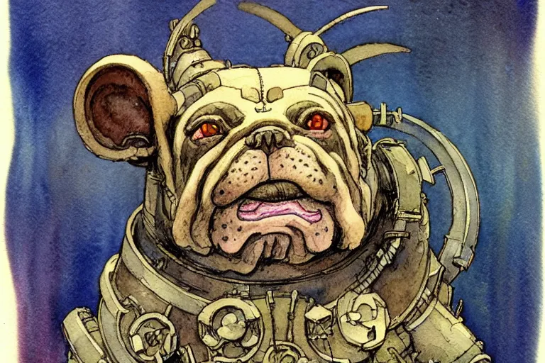 Image similar to a simple and atmospheric watercolour fantasy character concept art portrait of a mechanized android bulldog as a druidic warrior wizard looking at the camera with an intelligent gaze, very muted colors, by rebecca guay, michael kaluta, charles vess and jean moebius giraud