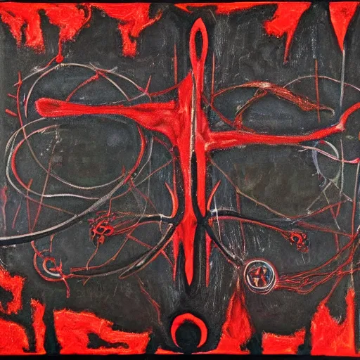 Image similar to a black and red crimson biomechanical talisman of eternal knowledge, aurora borealis, eclipse by maggi mcdonald, jackson pollock, mark rothko, sabina klein