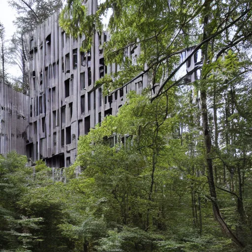 Image similar to an eco-brutalist building amongst the trees