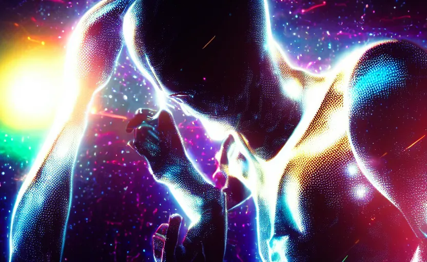 Image similar to silver surfer by bill sienkiewicz, stellar, macro up view metallic, tron, close up bokeh hiperrealistic neon glow darkness dramatic neon, sharp focus, octane render, imax