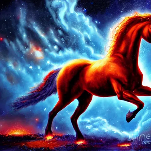 Prompt: A Fire horse , an oil painting , Digital art, concept art, highly detailed, by Mark Brooks, 3-D 8K, amazing nebula background, unreal engine,