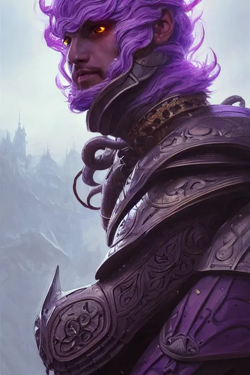 Prompt: male fighter wearing a full plate armor, a giant purple worm is visible in the back, fantasy, amber eyes, face, long hair, intricate, elegant, highly detailed, digital painting, artstation, concept art, smooth, sharp focus, illustration, art by artgerm and greg rutkowski and alphonse mucha
