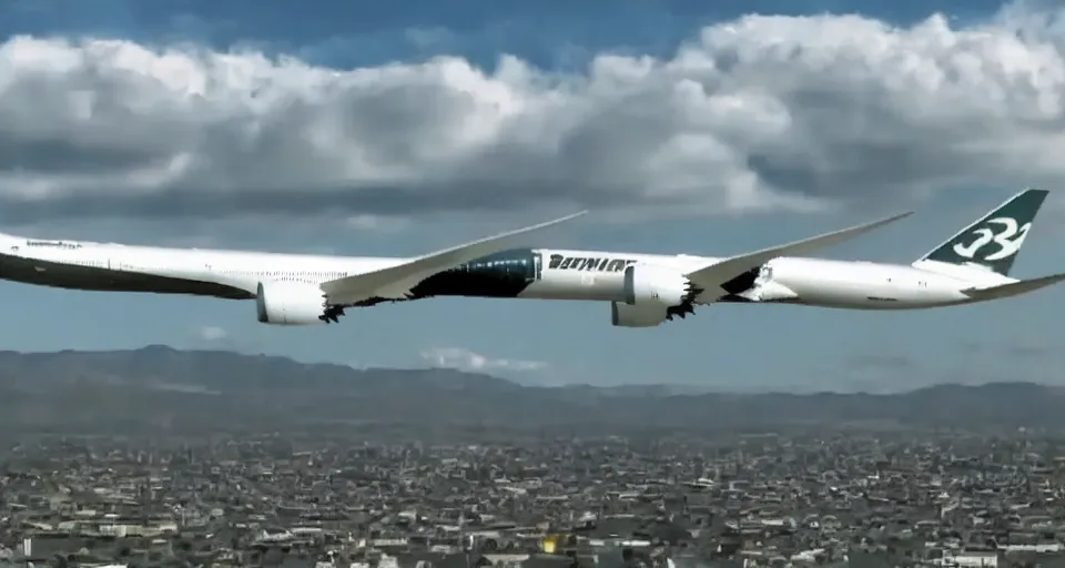 Image similar to vhs footage of a boeing 787 flying overhead