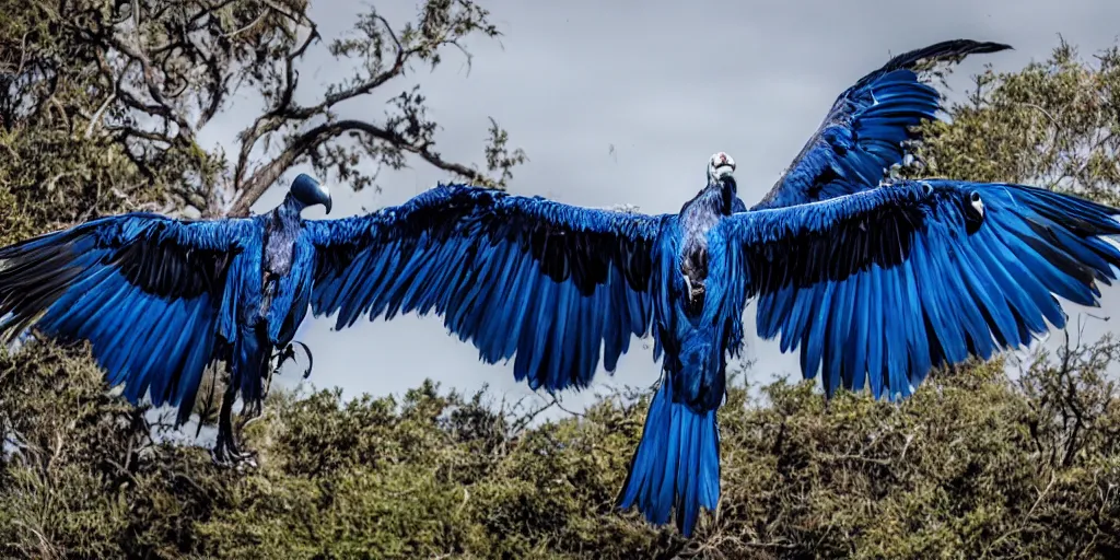 Prompt: dynamic, wideangle, expressive, vibrant, blue iridiescent giant vulture with spread wings, angry, imposing, spectacular