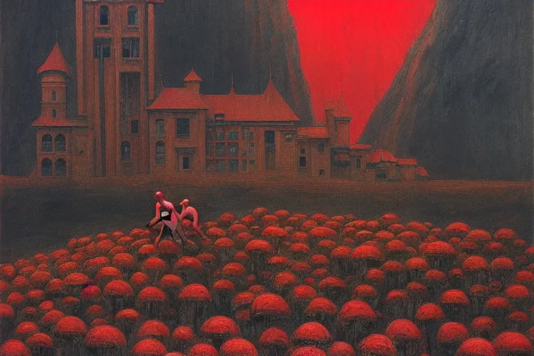 Image similar to only with red, red flowers of different types, red castle in background, red medieval goblins, in the style of beksinski, parts by edward hopper, parts by rodcenko, parts by yue minjun, intricate and epic composition, red by caravaggio, insanely quality, highly detailed, masterpiece, red light, artstation, 4 k