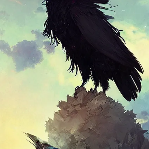 Prompt: Howl's Moving Castle, Howl as a black raven, intricate, elegant, highly detailed, digital painting, artstation, concept art, smooth, sharp focus, illustration, art by artgerm and greg rutkowski and alphonse mucha and francisco goya