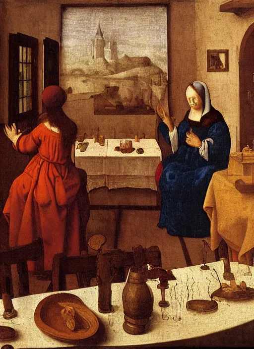 Image similar to a candlelit table at the inn, two people sitting at the table, swirling smoke, dark smoke, realistic, in the style of leonardo da vinci, dutch golden age, amsterdam, medieval painting by jan van eyck, johannes vermeer, florence