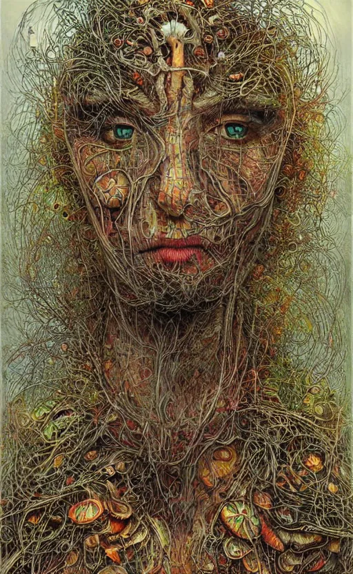 Image similar to beautiful psychedelic shaman covered in amanita mushrooms in the style of peter gric