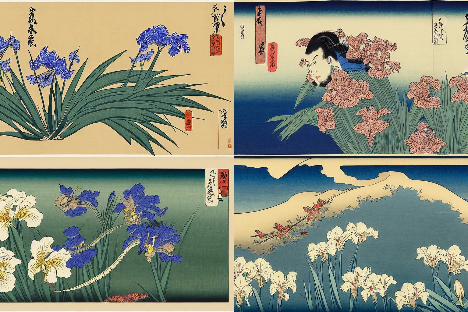 Prompt: an awe inspiring ukiyo - e print of irises and a grasshopper by katsushika hokusai and utagawa hiroshige, masterpiece, hyperdetailed, intricate, complex, 4 k