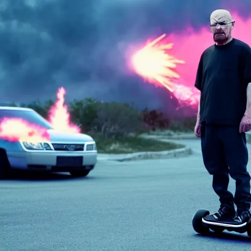 Image similar to Wide angle photo of walter white on a hoverboard with an exploding car behind him, color, cinematic lighting