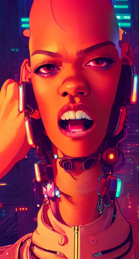 Prompt: close up of zendaya with a cyberpunk mohawk, yawning, glowing cyber - eyes, ambient lighting, 4 k, lois van baarle, ilya kuvshinov, rossdraws, alphonse mucha, jung gi kim, dylan kowalsk, artstation