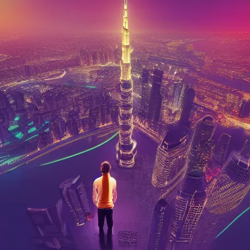 Image similar to closeup of a man [ standing on the pinnacle of the burj khalifa ]!!, holding a camera, viewing out into a [ futuristic cityscape ]!!, dusk atmosphere, digital art illustrated by max hay and greg rutkowski, [ 8 0 s neon art style ]!!, neon wallpaper!!, golden ratio!!, centered!!