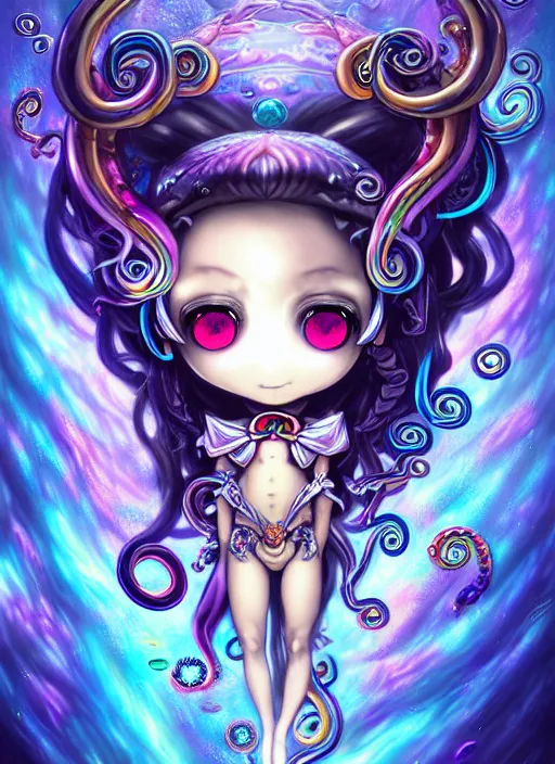 Image similar to A full shot of a chibi girl from the Abyss covered in opals. Symmetrical. Underwater. Dark foreboding Atmosphere. Sailor Moon. Tentacles. Kawaii. Rainbows. Demon Horns, Angel Wings, By Lisa Frank and HR Giger and Ross Tran and ArtGerm and WLOP. Key Art. Fantasy Illustration. award winning, Artstation, intricate details, realistic, Hyperdetailed, 8k resolution. Photoreal. Octane Render.