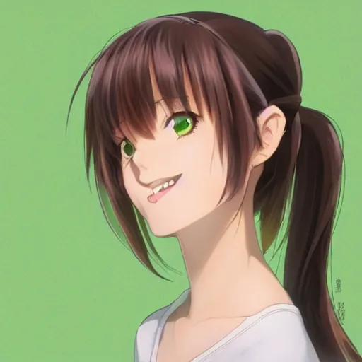 Prompt: A medium shot anime portrait of a happy woman with brown hair, a single short ponytail, a part in her hair, with bright-blue eyes, open mouth, a big forehead, and large eyebrows, without glasses, green in her eyes, detailed, by Stanley Artgerm Lau, WLOP, Rossdraws, James Jean, Andrei Riabovitchev, Marc Simonetti, and Sakimi chan, trending on artstation